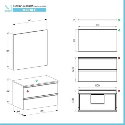Mobile bagno sospeso 80 cm bianco opaco con top e specchio tondo Master