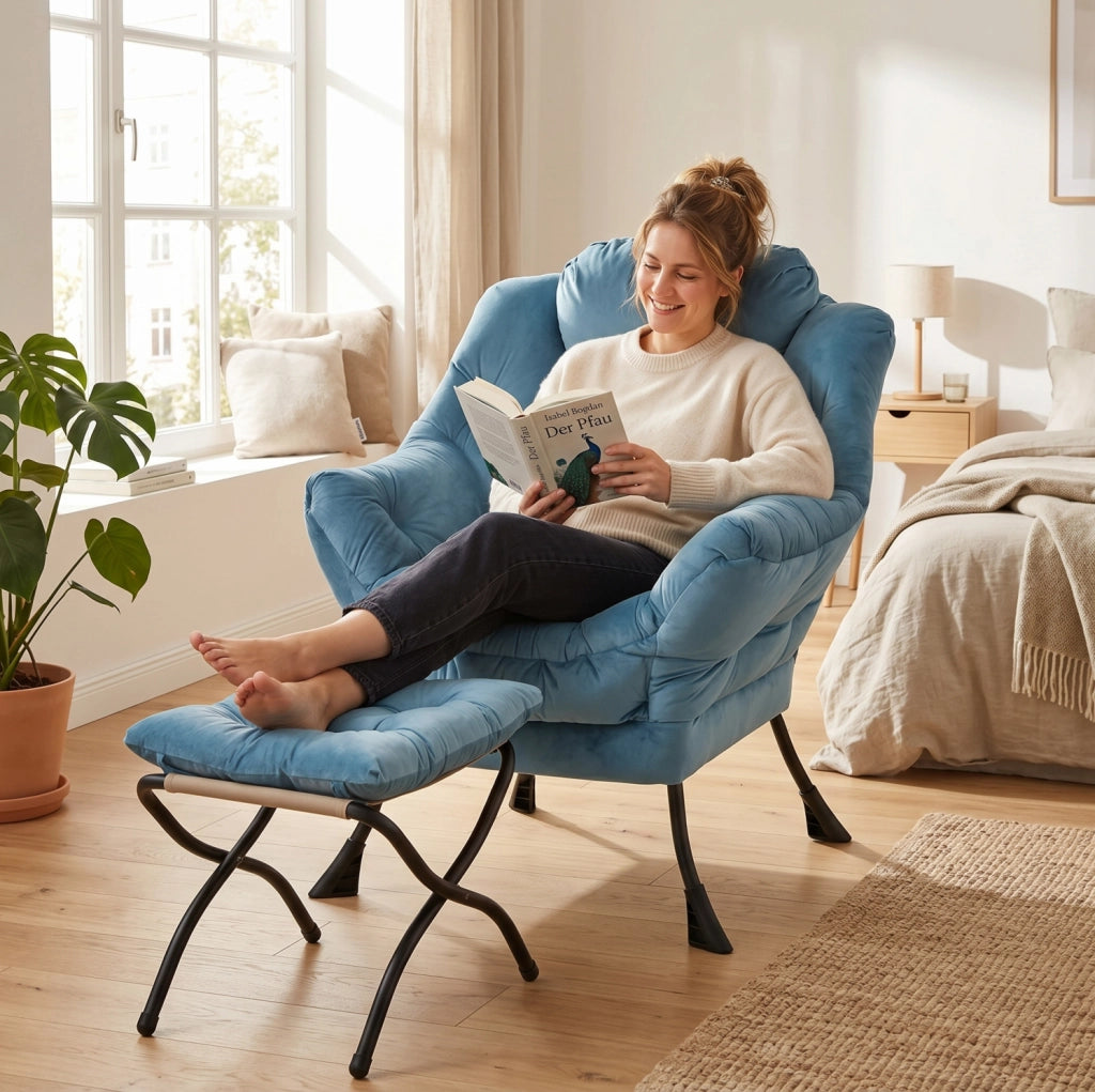 Poltrona relax con pouf blu in tessuto e metallo 72x80x93 cm per salotto
