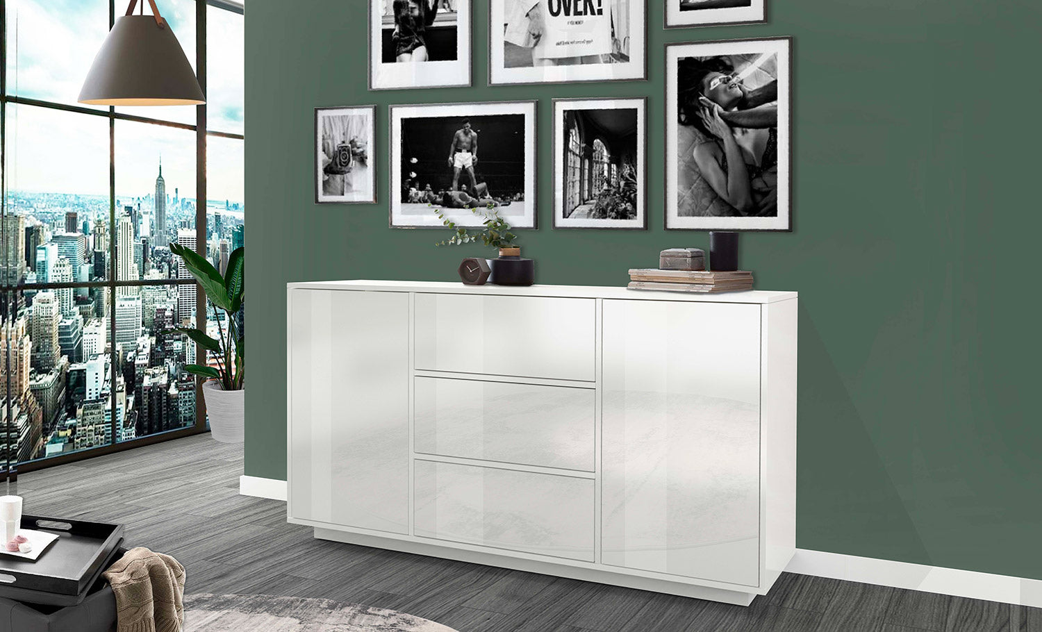 Credenza 2 Ante + 3 Cassetti 160x41,4x86 cm Bloom Bianco Lucido