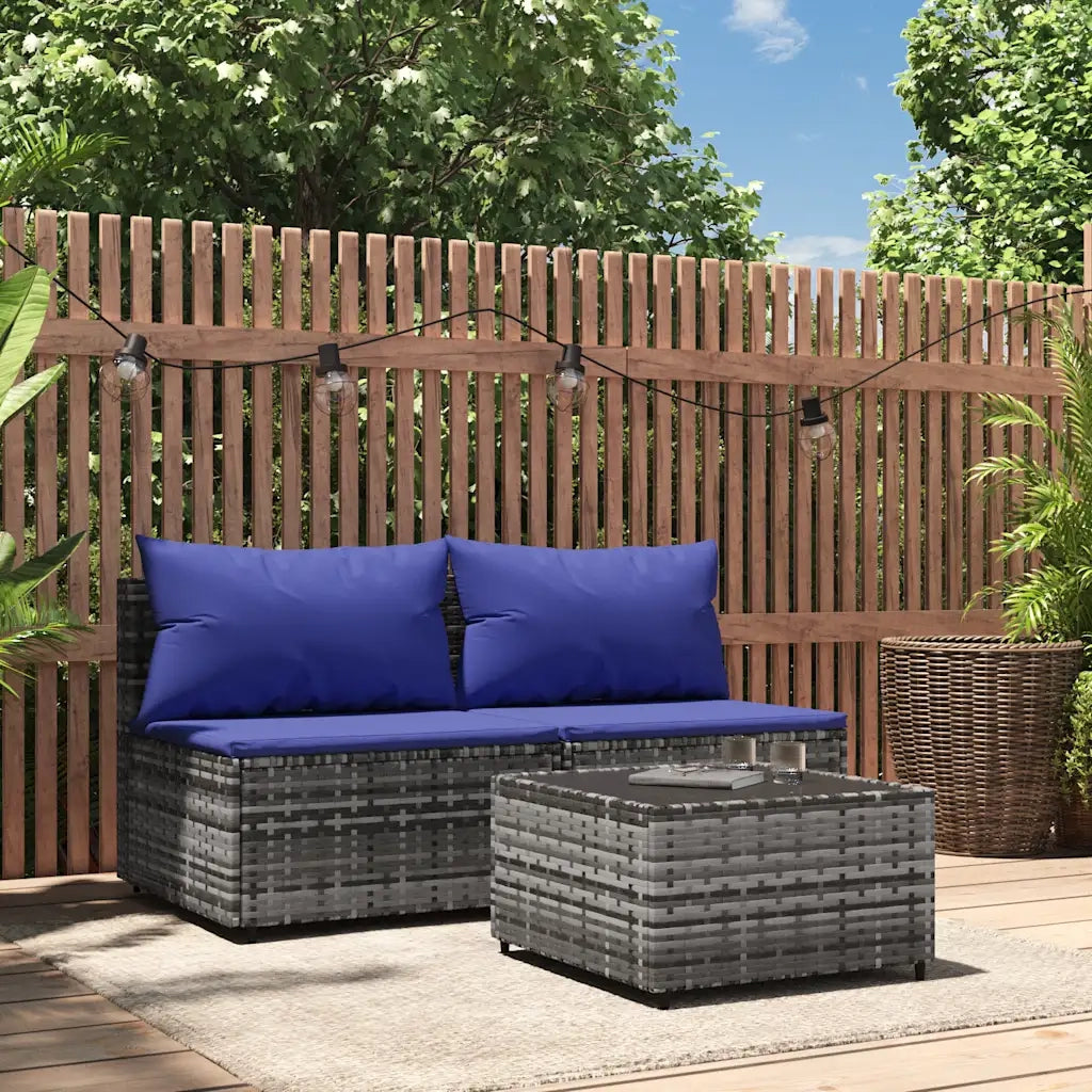 Set Divani da Giardino 3 pz | Set Salotto da Giardino con Cuscini in Polyrattan Grigio