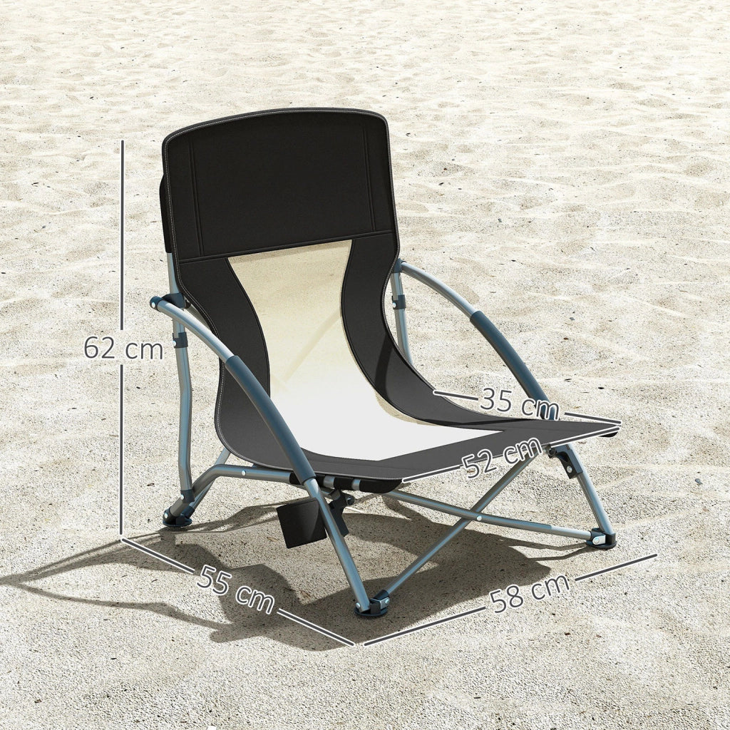Sedia da Spiaggia Pieghevole 58x55x62 cm con Schienale a Rete e Portabicchieri in Metallo e Tessuto Oxford Nero