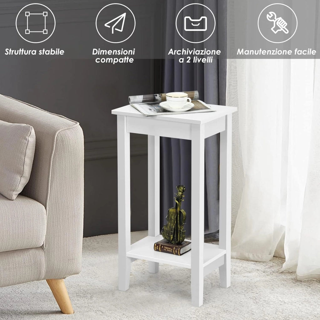Set di 2 Tavolini da Salotto Alti a 2 Livelli Aperti, Tavolino Comodino in Legno di Pino Massicio, Tavolino Moderno Portaoggetti per Soggiorno e Camera da Letto, 40 x 30 x 73,5 cm (2, Bianco)