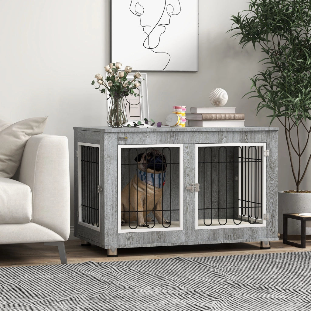 Scaffale per cani con due porte e due chiusure, interno imbottito, struttura in acciaio, grigio 90 × 58 × 65 cm