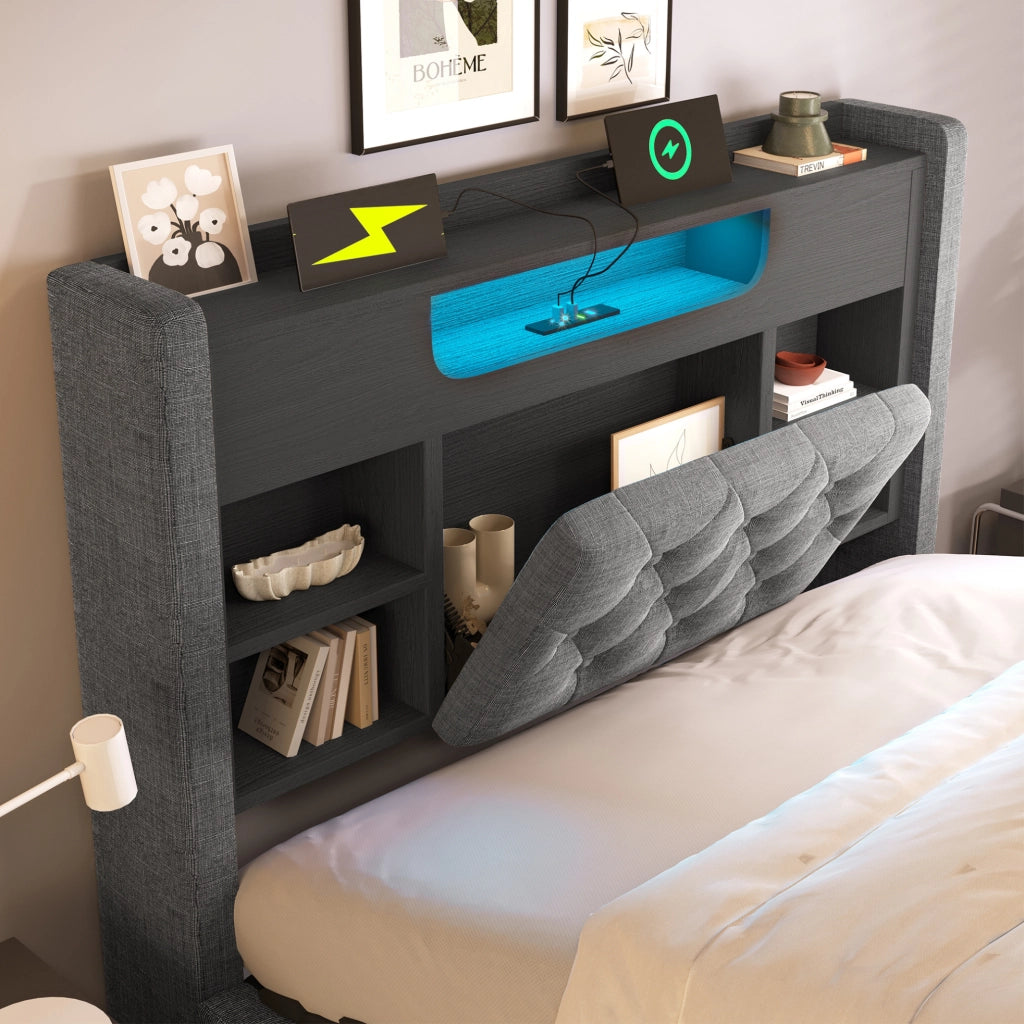 Letto singolo 90x200 cm con contenitore idraulico; LED e porte USB; in lino grigio