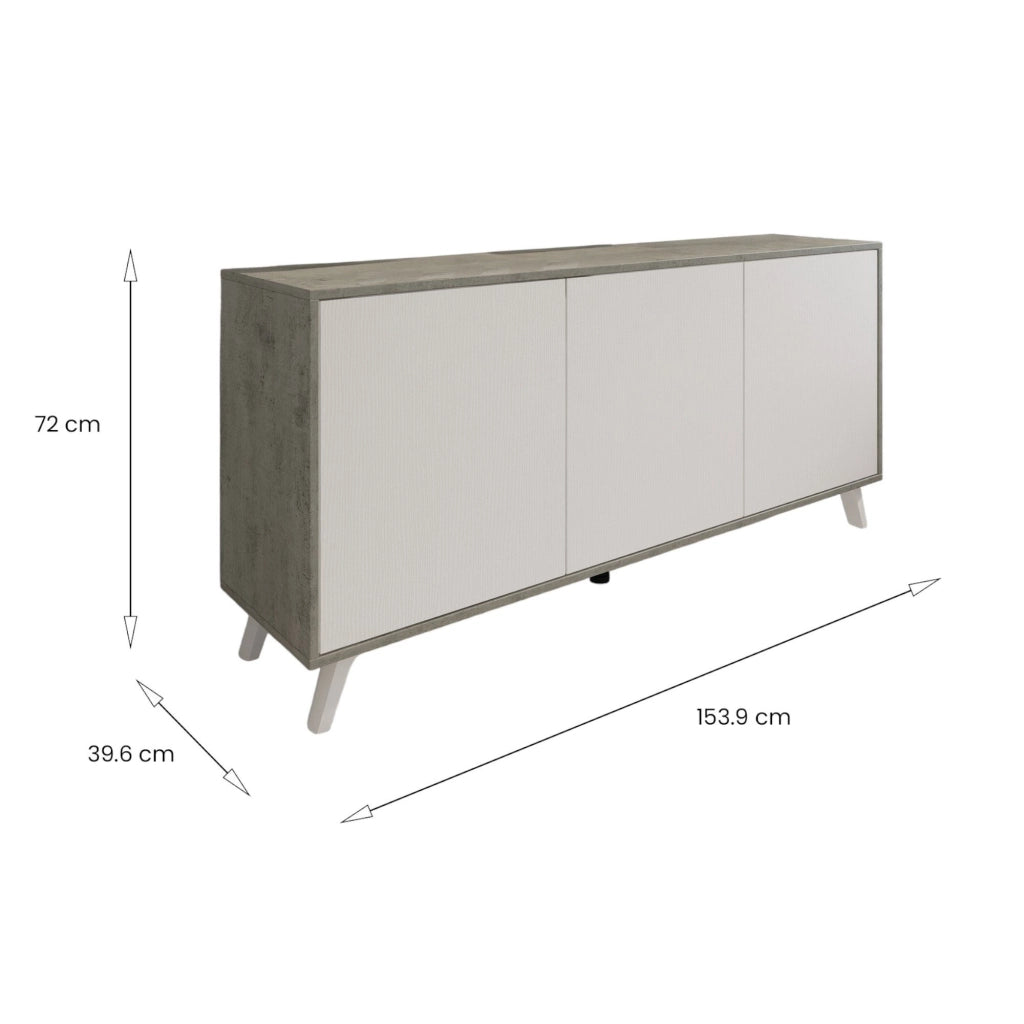Credenza Annina, Buffet da soggiorno, Madia da salotto, Dispensa da cucina, 154x40h72 cm, Grigio chiaro e Bianco