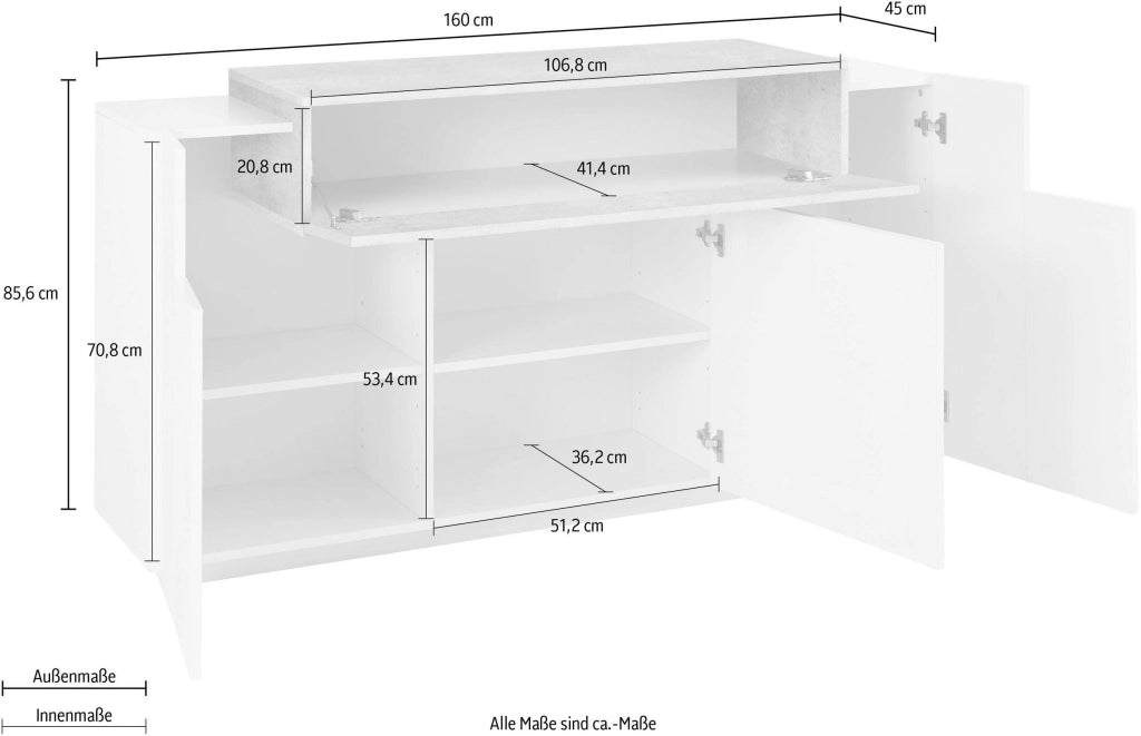 Credenza moderna CORO con 3 ante a battente e 1 anta a ribalta in bianco lucido e cemento
