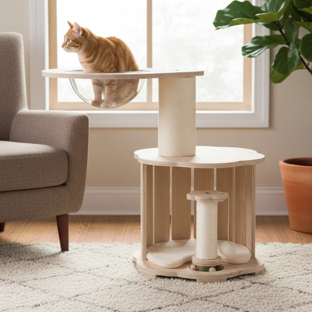Albero per gatti in legno 74 cm con condo capsula spaziale tiragraffi pista palline-Torre a 3 livelli per gattini con pallina tappetino lavabile