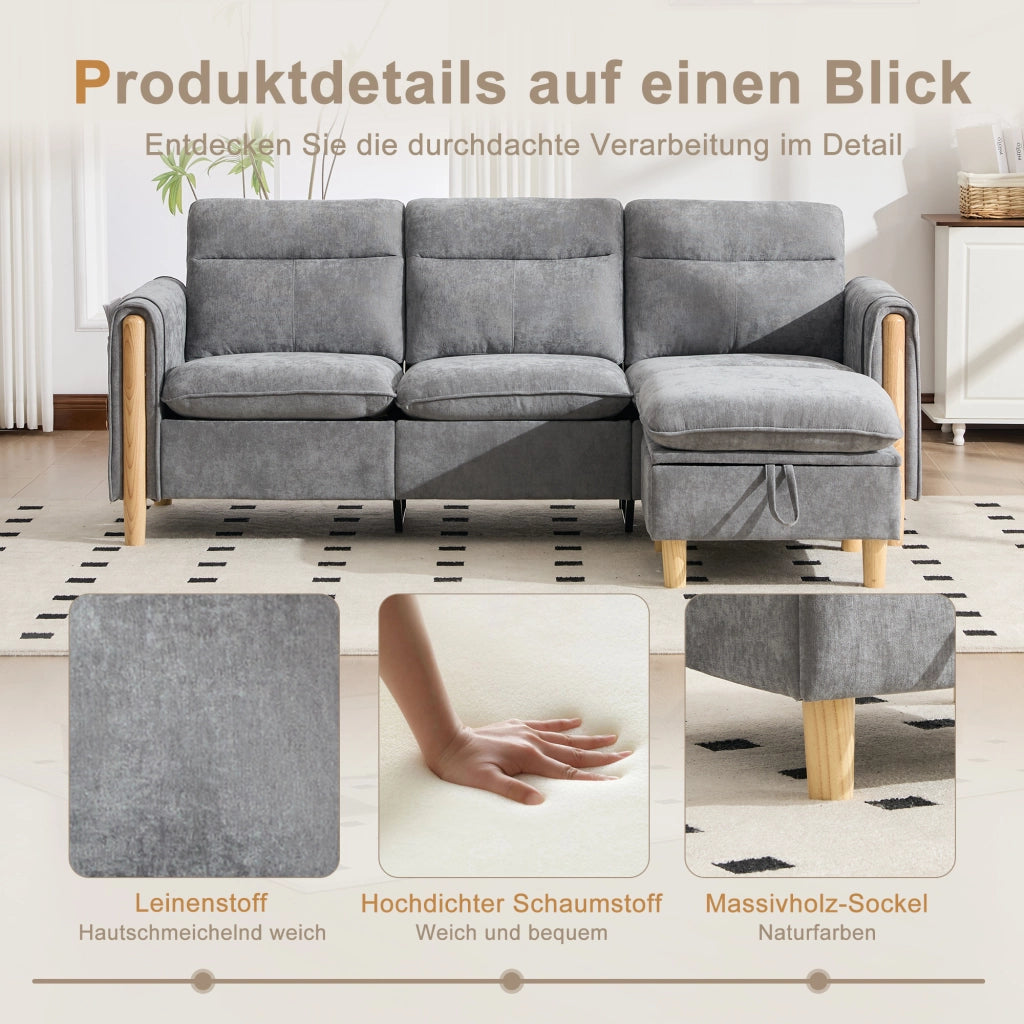 Divano ad angolo modulare con vano contenitore e tasche laterali in chenille grigio chiaro compatto 201 × 77 × 86 cm