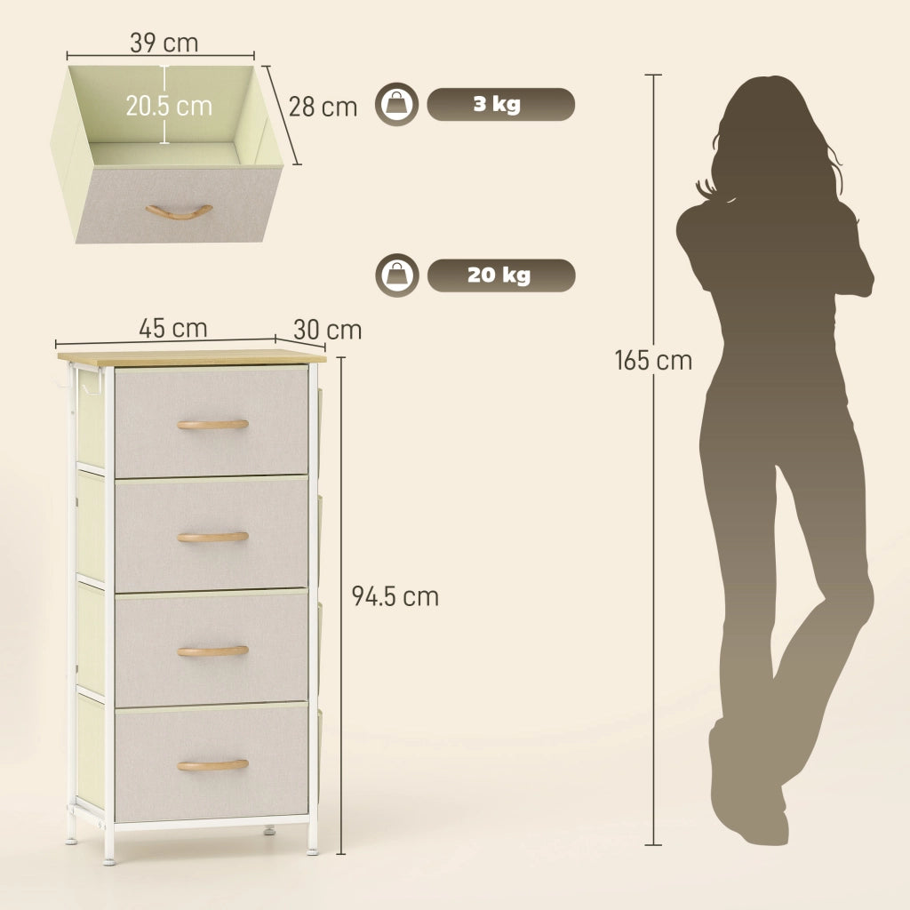 Cassettiera 4 Cassetti Pieghevoli 45x30x94,5 cm Struttura in Acciaio e Tessuto Beige