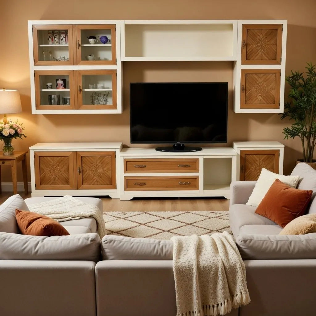 Parete attrezzata in legno avorio noce/grano 310x65 - Mobili 2G