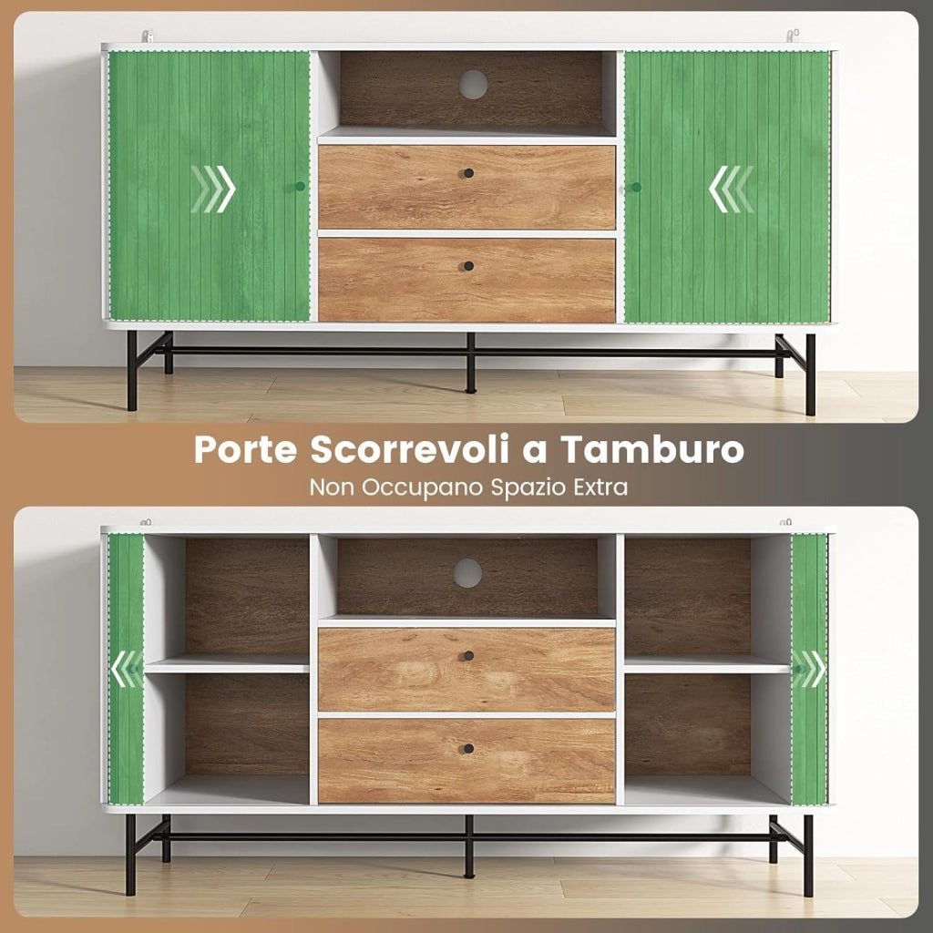 Mobile Credenza, Mobile TV con Ante Scorrevoli e 2 Cassetti, Mobile da Salotto con Foro per Cavi, Mobiletto Multiuso per Cucina, Sala da Pranzo, Soggiorno, 150 x 45 x 74 cm