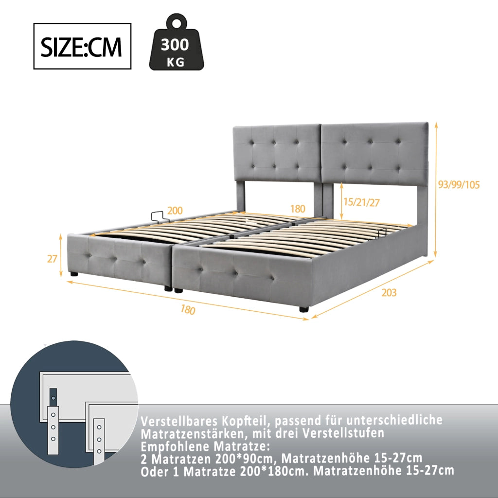 Letto matrimoniale – 180x200 cm – idraulico contenitore multiuso – velluto grigio