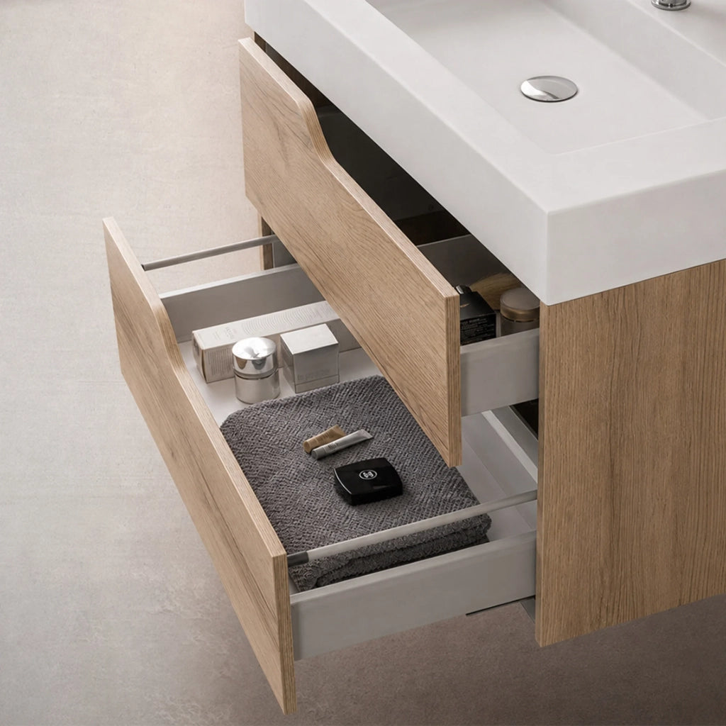 Mobile bagno sospeso 100cm quercia e bianco con lavabo in resina Sumya