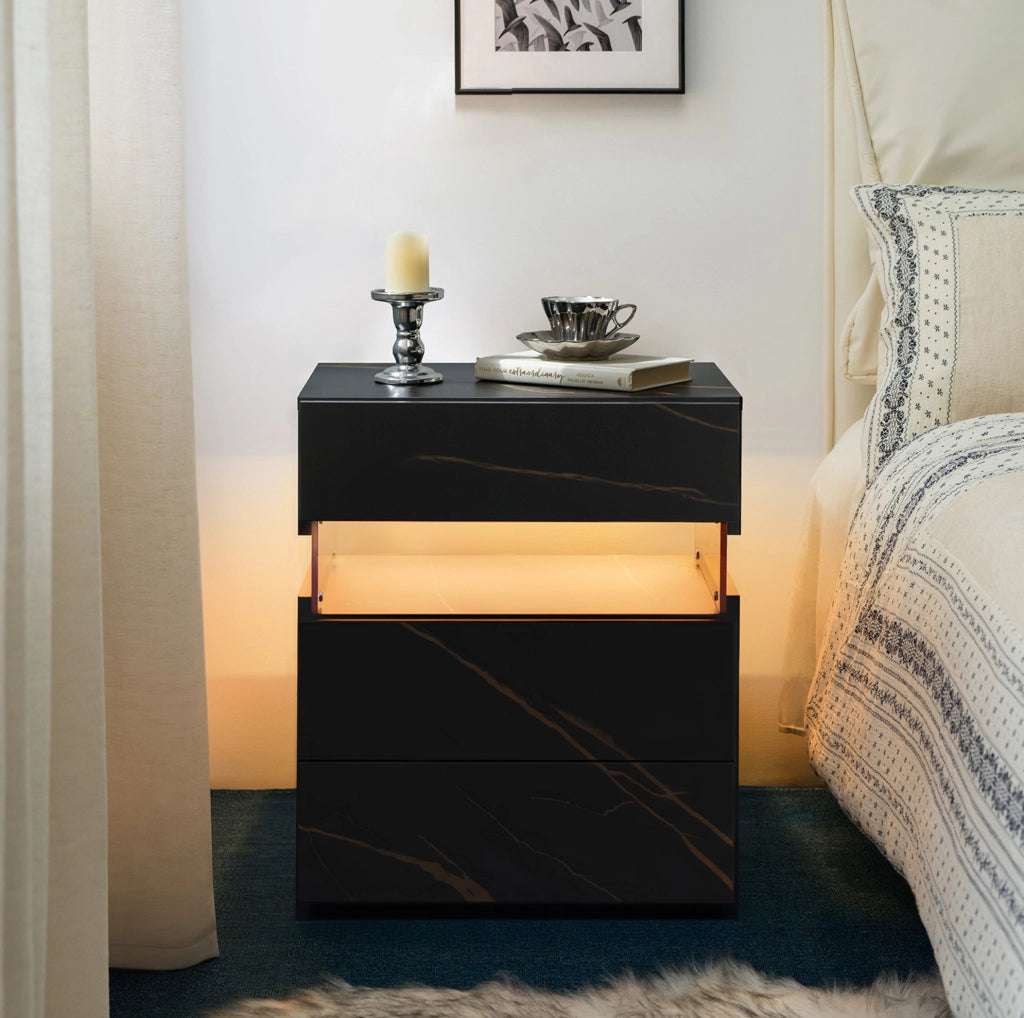Comodino LED con 3 cassetti, pannello acrilico, nero e oro