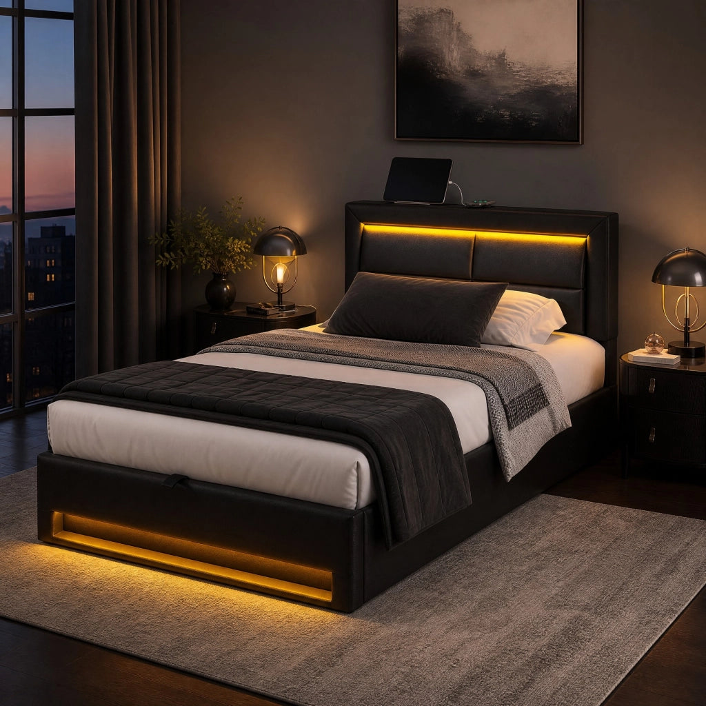 Letto imbottito 90x200 cm in PU nero con USB; LED e contenitore