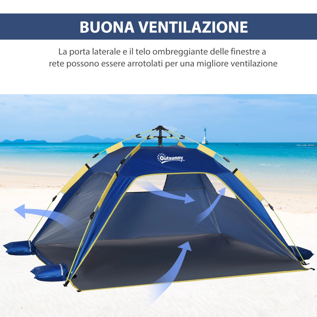 Easycomfort Tenda da Spiaggia Pop Up per 2 Persone con Finestre, in Fibra di Vetro e Poliestere, 220x173x120 cm, Blu Giallo