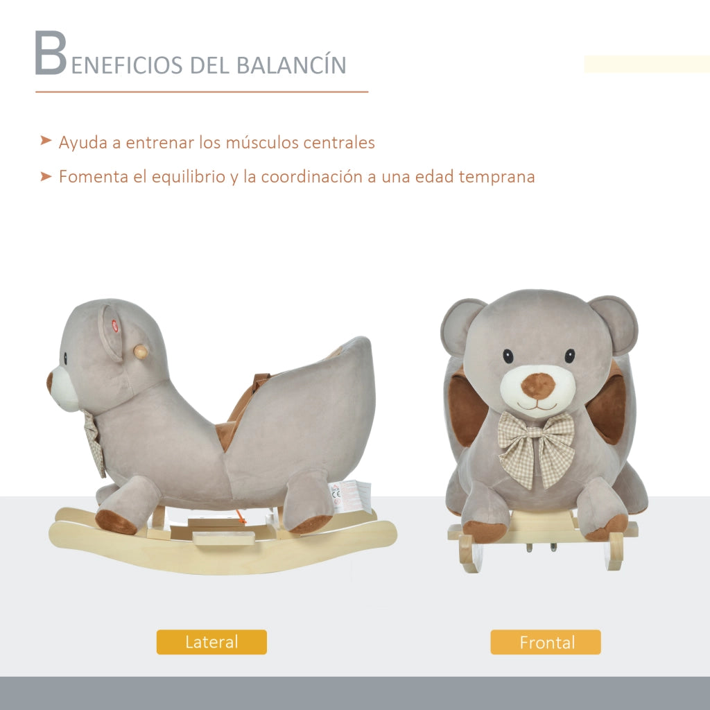 Dondolo Peluche Orsetto per Bambini con Sonido e Cinturino ¨C zephmum ¨C Grigio 60x33x50 cm