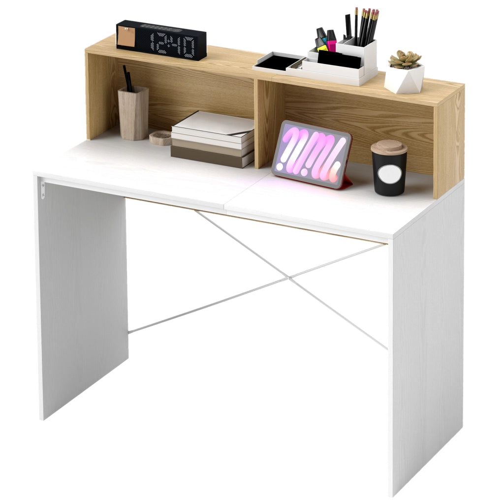 Scrivania con scaffale e 2 cassetti ¨C Zephmum ¨C Bianco e legno naturale 110x50x102,6 cm