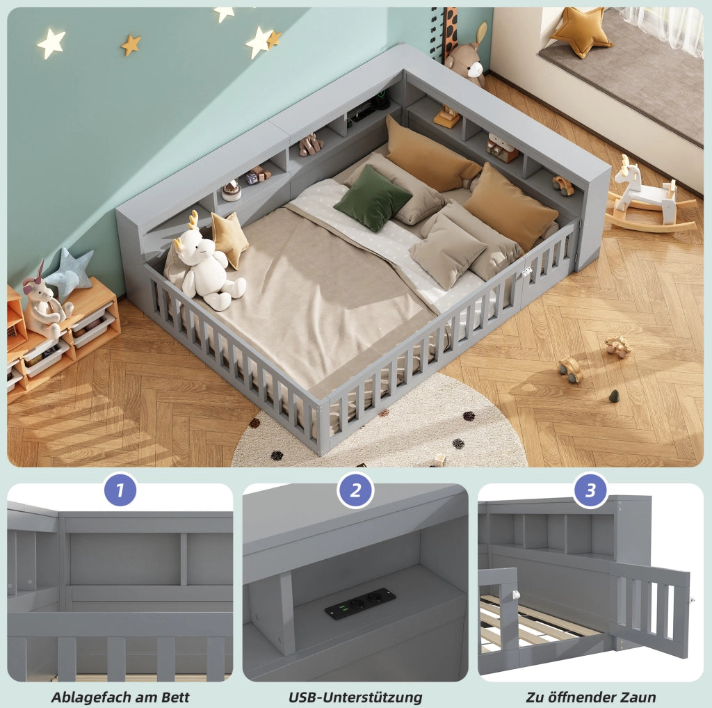 Letto daybed 140x190 cm con contenitore laterale, prese e USB, grigio