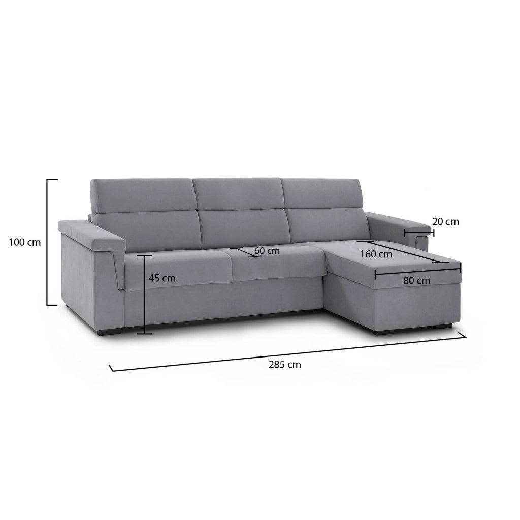 Cintano, Divano Fisso con Penisola Sfoderabile Made in Italy, 285x160 cm Grigio