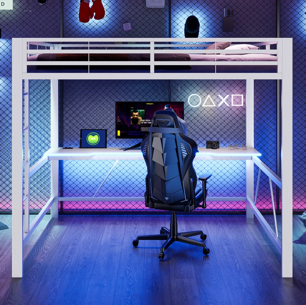 Letto a soppalco gaming 160x200 cm con scrivania e LED; in MDF e metallo; bianco