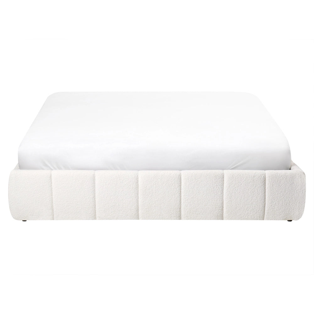 Letto matrimoniale in tessuto bouclè bianco sporco imbottita, con contenitore e panca 160x200 cm design moderno
