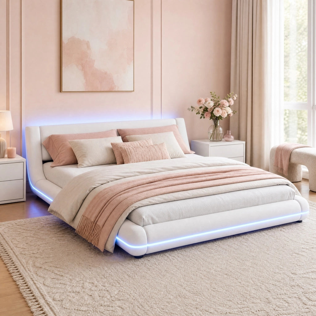 LETTO a pavimento 160x200 cm in PU bianco con illuminazione LED