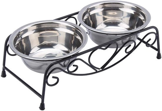 Ciotola per Cane in Acciaio Inossidabile - Doppie Ciotole Alimentari - Supporto a Piattaforma - Dimensioni 26x14x8.5cm - Diametro 13cm - Maniglia Antiscivolo - Ciotole Alimentari
