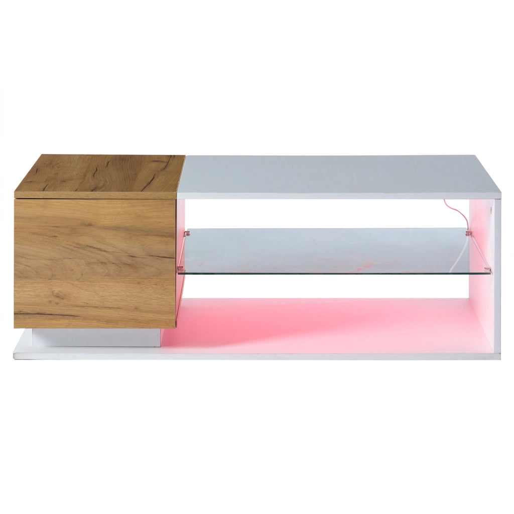 Tavolino da salotto LED con contenitore, finitura lucida, vetro temperato, 105x50x36 cm