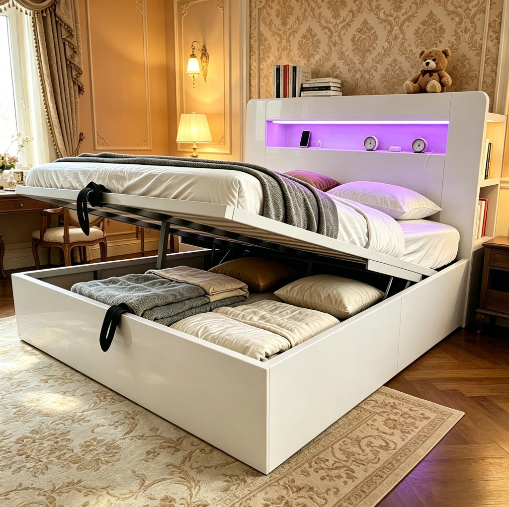 Letto contenitore 140x200 cm con LED, prese e testiera bianca