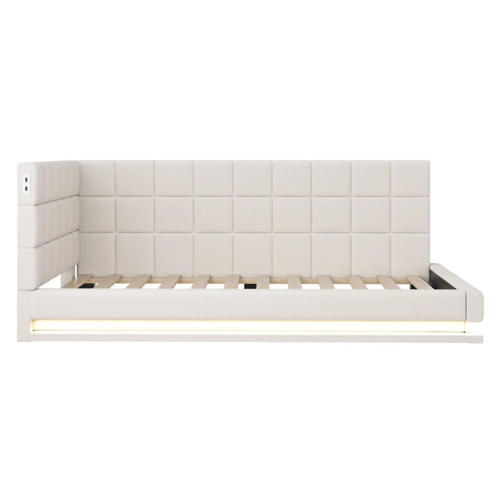 Letto imbottito singolo 90×200 cm con LED e USB; rete a doghe; senza materasso; lino; beige