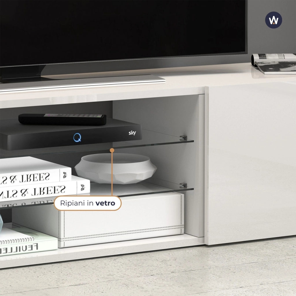 WHOUS Mobile porta tv Egypt a 2 ante e 2 ripiani in vetro bianco lucido 180x38x35 cm