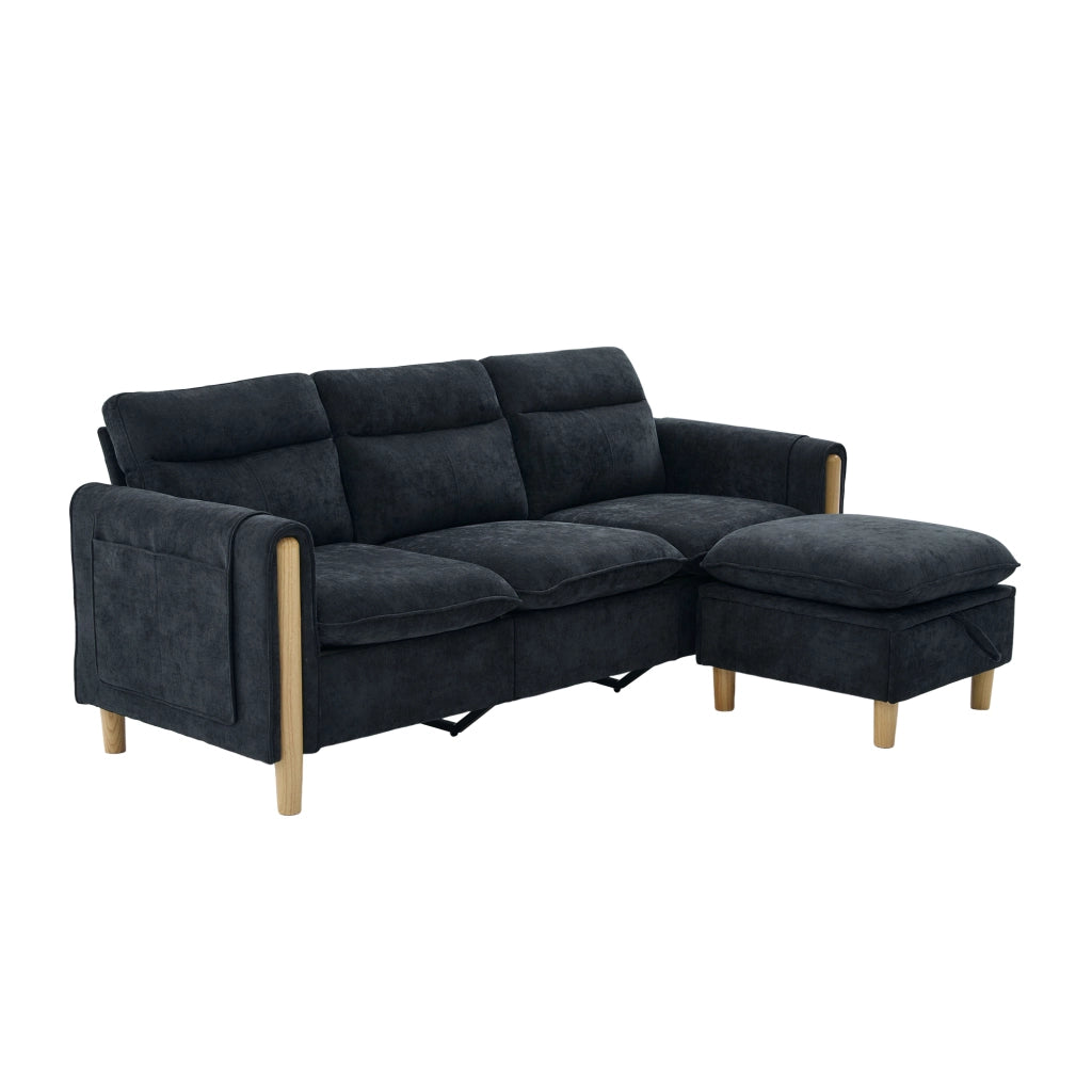 Divano angolare modulare a tre posti con pouf contenitore e tasche laterali in ciniglia nero 201 × 77 × 86 cm
