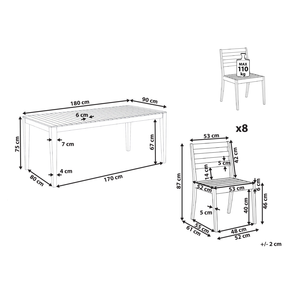 Set da pranzo da giardino con 8 sedie e tavolo marrone chiaro in legno di acacia certificato con piano rettangolare in stile rustico da esterno
