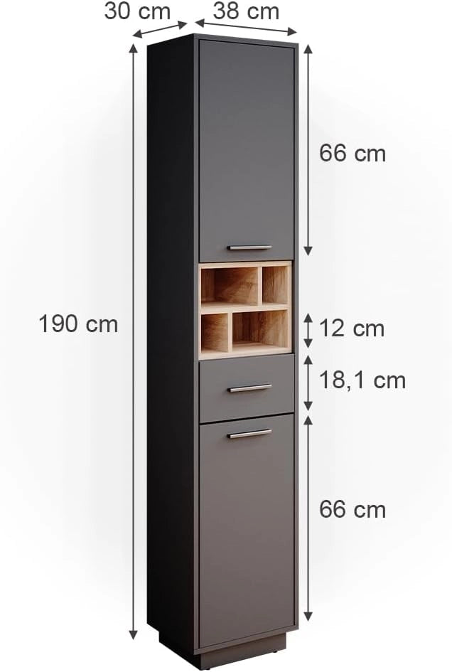 Mobile bagno alto Beatrice, Antracite, 38 x 190 cm, per la conservazione di articoli da bagno e compatibile con Beatrice
