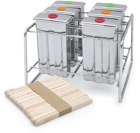 Set di 6 forme per ghiaccio riutilizzabili - Inclusi 50 bastoncini di legno per ghiaccio - Standard metallico - Resistenti al lavastoviglie - Realizzati in acciaio inossidabile