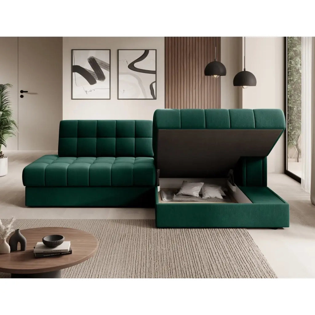 Divano angolare trasformabile CUBITO verde 240 cm con contenitore e letto