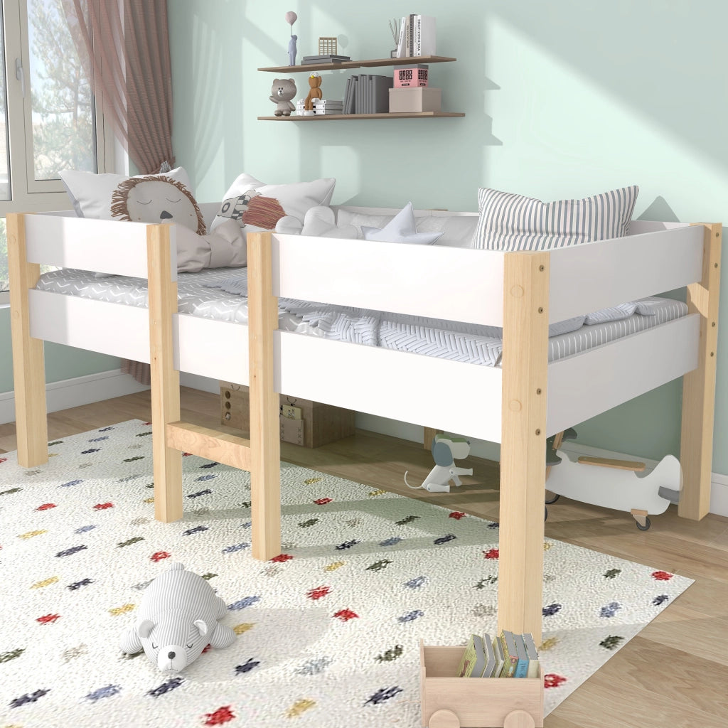 Letto per bambini bianco e rovere con protezione anticasco in legno massello di pino 90x190 cm