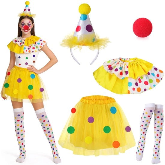 Costume per donna da clown - Set di costume da clown - Costume da carnevale - Costume da festa - Adulti - Incluso tutù, colletto e cappello - Costume da carnevale