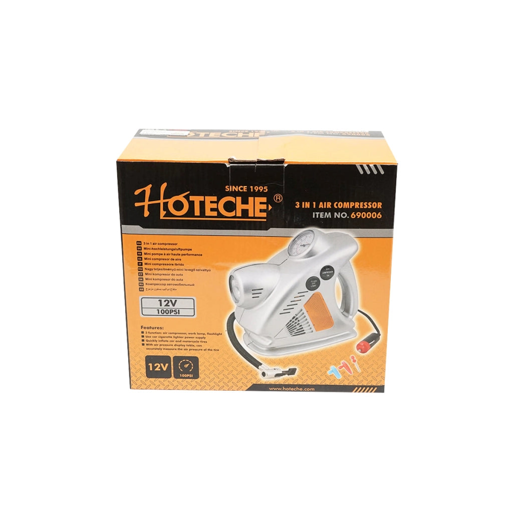 Compressore per auto 3 in 1 da 12 V con torcia e lampada da lavoro, pressione massima 6,9 bar. Hoteche