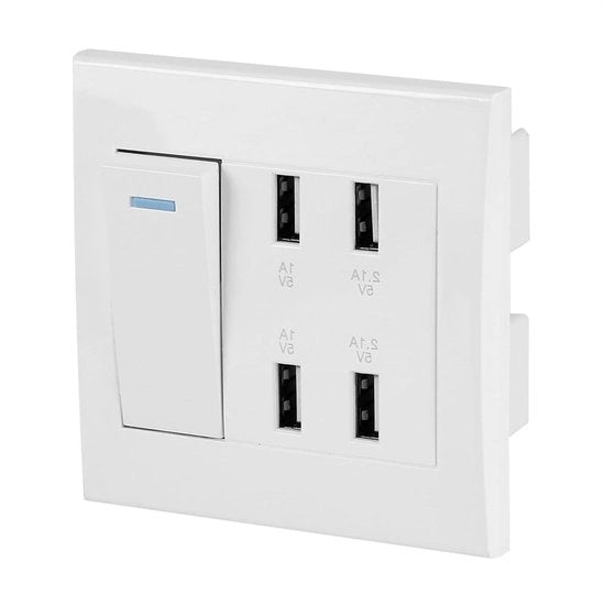 Caricabatterie da Parete con 4 Porte e Comando a Interruttore - Bianco - 5V 21A/1A - 4100mA - USB - 220-250V - Oplaadbus.
