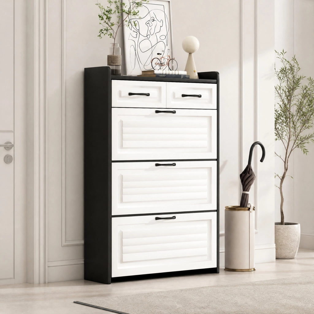Scarpiera con 3 ripiani girevoli e 2 cassetti in truciolare bianco e nero 80 × 23,5 × 131 cm