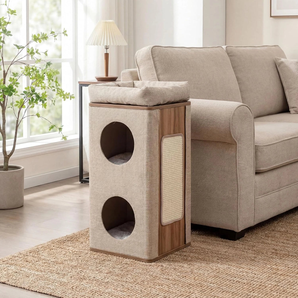 Tiragraffi per Gatti a Torre 77,5 cm, 3 Piani con 2 Grotte, Cuccia Albero per Gatti con Piastra Tiragraffi, Copertura Rimovibile e Cuscino, Tubo Stabile Ø38, Beige e Naturale