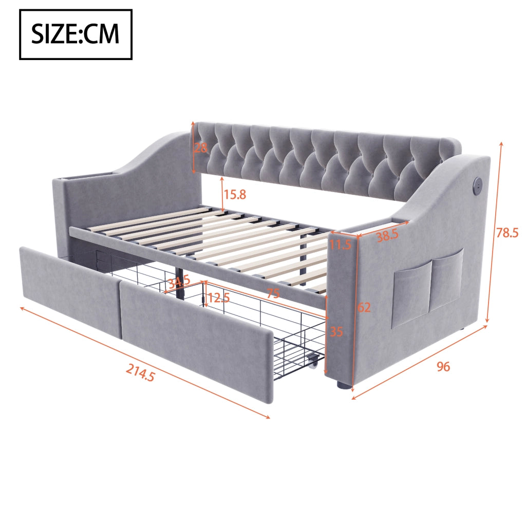 Divano letto 90x190 cm con USB e USB-C, 2 cassetti in velluto grigio chiaro