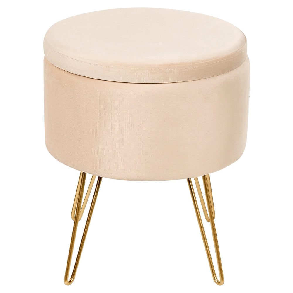 Pouf in velluto beige e gambe in metallo dorato stile glamour moderno accessori