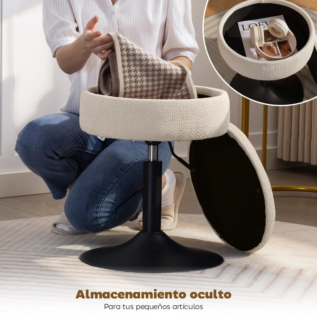 Sgabello da Bar con Contenitore ¨C zephmum ¨C Altezza Regolabile, Rotante, Imbottito in Chenille Beige