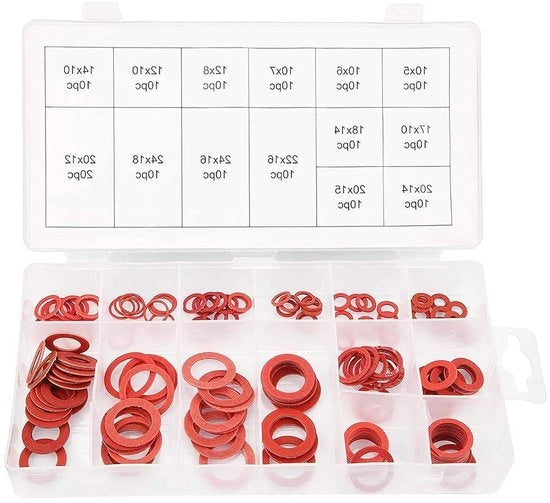 Set di 150 anelli di chiusura piatti in 14 misure rosso in acciaio e fibra di carta con scatola di conservazione.