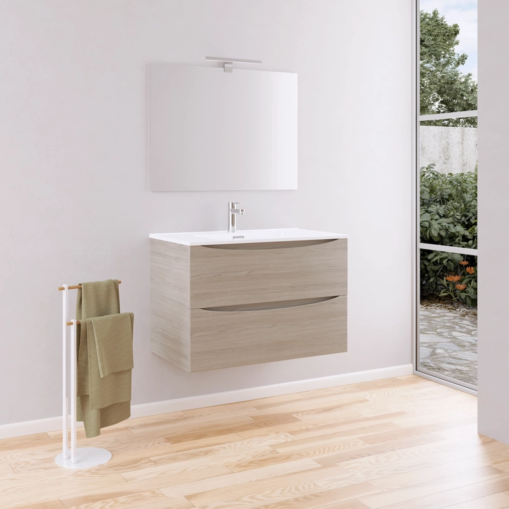 Mobile da bagno sospeso 80cm rovere chiaro con lavabo e specchio | Aspen
