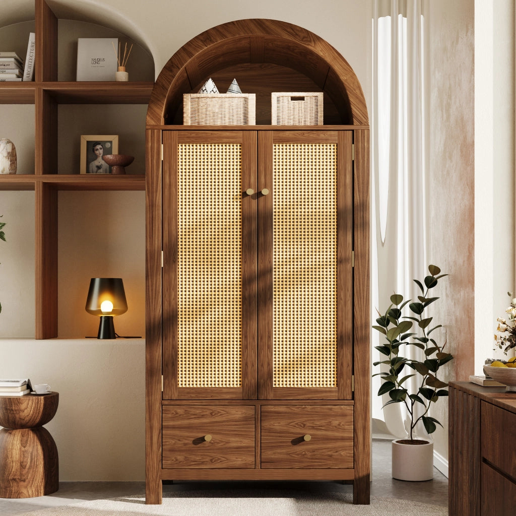 Armadio con 2 ante, 2 cassetti, vano aperto e asta, stile country, per camera da letto, noce, 181 × 78 × 45 cm
