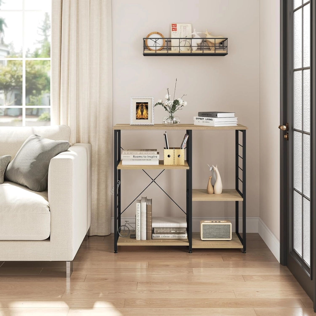 Scaffale da Cucina con 5 Ripiani in Legno, Supporto per Microonde con 4 Ganci, Struttura in Metallo & Legno, 90x40x83,5 cm, Rovere Chiaro+Nero